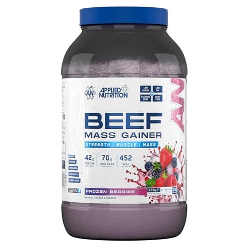 Image of Applied Nutrition Beef Mass Gainer Protein Powder – 42g Beef Protein Isolate, High Calorie Weight Gainer Supplement, Lactose Free, Low Sugar (3.13kg – 25 Servings) (Frozen Berries)