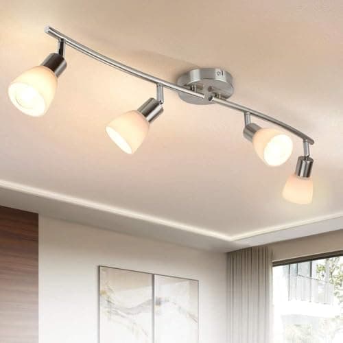 Image of PADMA 4 Way LED Ceiling Spots, Rotatable Kitchen Spotlights with Frosted Glass Lampshade, 4X 5W 3000K E14 Bulbs Included, Polished Chrome Track Ceiling Lighting for Bedroom Kitchen Living Room