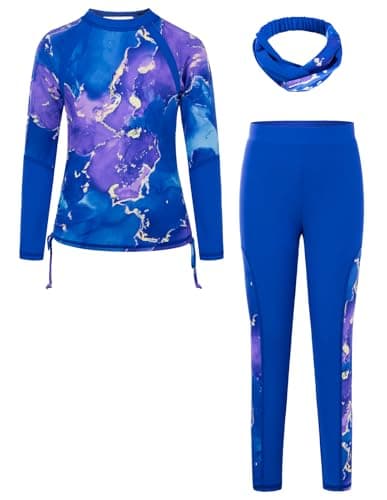 Image of GRACE KARIN Printed Summer Swimming Costume for Girls Long Sleeve Crew Neck Swimsuit Elastic Rash Guard with Headband Blue Purple Marble 10-11 Years