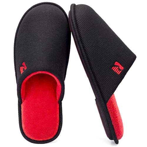 Image of RockDove Men's Two-Tone Memory Foam Scuff House Slipper Waffle Knit Non Slip Rubber Sole Machine Washable, Size 8/9 UK Men, Black and Red