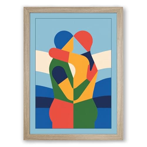 Image of Figures in Embrace Geometric Framed Wall Art Print A4 (29.7×21cm) Oak, Wall Decor for Living Room, Bedroom, Office & Home, Ready to Hang, Art Gift