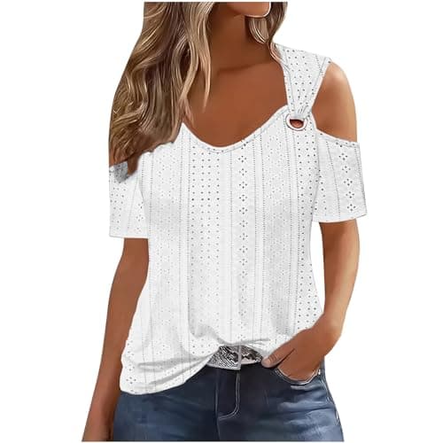 Image of generic Sexy Cold Shoulder Tops for Women UK Casual Ladies Eyelet Tops Trendy Solid Basic Womens Tops Blouses Workout Vacation Tunic Blouses Short Sleeve Cotton Tshirts