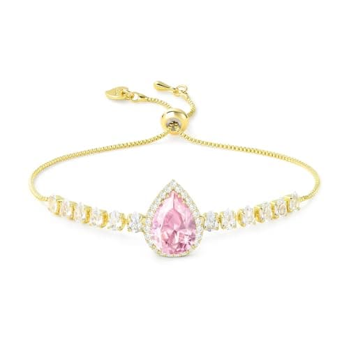 Image of Linawe Pink Crystal Imitation Diamond Bracelets for Women, Gold Charm Chain Bracelet Set, Rhinestone Birthstone Moissanite Cubic Zirconia Bracelet, Prom Wedding Preppy Cute Jewellery