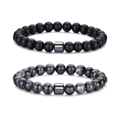 Image of RANKEEF Tiger Eye Bracelet Set, 8MM Natural Stone Beads, Black & Blue, 3 or 5 Count, Men & Women, Adjustable, Stretch Lava Rock Bracelets