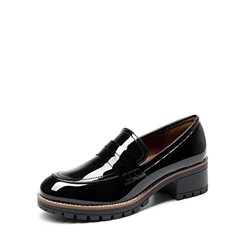 Image of DREAM PAIRS Womens Moccasin Loafers, Slip On Platform Chunky Penny Heeled Loafers for Women Dressy and Work, Womens Business Casual Shoes,Size 5.5,Black-Pat,SDLS2319W