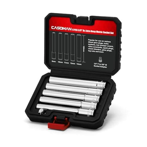 Image of CASOMAN 6PCS 3/8-Inch Drive Extra Deep Metric Socket Set, 6 Point, 8mm, 10mm, 11mm, 12mm, 14mm, 1/4" F to 3/8" M Adapter, 120MM Deep CR-V Socket for Automotive and Industrial Applications