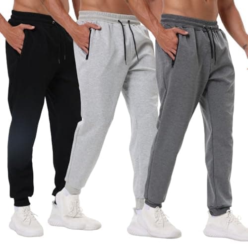 Image of Bsrpolry 3 Pack Mens Athletic Sweatpants with Zip Pockets,Workout Gym Sweat Pants for Men Running Jogging Pants Black Dark Grey Light Grey L