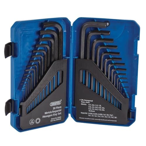 Image of Draper 30 Piece Hexagon Allen Key Set | Metric/Imperial Combined Long Pattern Hand Tools | Hex Key Wrench Kit | Long Arm Chrome Vanadium Steel Kit | Foldable Storage Case | 33894