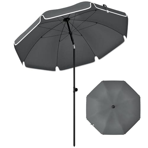 Image of Outsunny 1.8 m Beach Umbrella Parasol with Sand Anchor, Portable 30° Tilting Patio Sun Shade with Adjustable Height, Carry Bag, UV Protection, Dark Grey