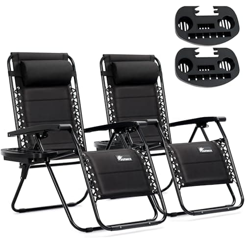 Image of SUNMER Sun Lounger Padded Garden Chairs - Set of 2 Zero Gravity Chairs with Cup & Phone Holder, Adjustable Headrest & Pillow - 30° to 90° Folding Deck Recliner - Professional Outdoor Seating - Black