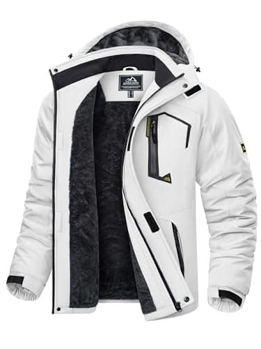 Image of KEFITEVD Men Windproof Fleece Jackets Winter Warm Ski Raincoats Outdoor Soft Shell Coats with Detachable Hood,White,2XL