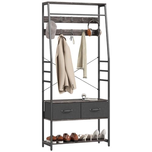 Image of HOMCOM Coat Rack with Shoe Storage, Hall Tree, Industrial Coat Stand with Shoe Bench, 10 Removable Hooks, 2 Fabric Drawers and Clothes Rail for Entryway, Hallway, Grey