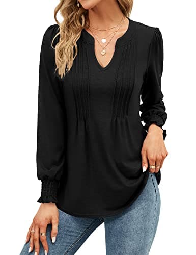 Image of EFFAN Womens Tops V Neck Casual T Shirts Long Sleeve Pleated Puff Elegant Floaty Floral Printed Tunic Blouse, Black S (UK 8-10)