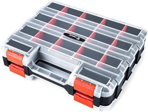 Image of DEKO Screw Storage Organiser Tool Box Professional 34-Compartment Screw Box Organiser with Removable Dividers, Transparent Dual-Sided Screw Storage Case with Secure Latches for Hardware & Small Parts