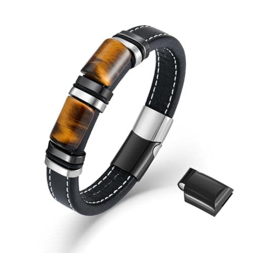 Image of VA JENT Mens Tiger Eye Bracelets Microfiber Leather Cuff Bracelet for Men Gifts on Father's Day Christmas Anniversary Birthday, 21 CM, Leather, tiger eye