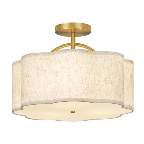 Image of CALOKES Semi Flush Mount Ceiling Light, Ø40cm Modern 3-Light Fixture with Petal-Shaped Beige Linen Shade and Golden Support Arm, Ideal for Bedroom, Kitchen, Living Room, Hallway, and Entryway