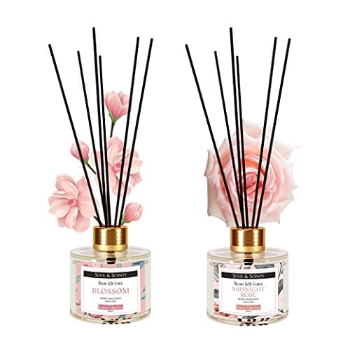 Image of Soul & Scents Blossom & Midnight Rose Reed Diffuser Set - 120ml with 6 Fiber Sticks Each | Stress Relief & Aromatherapy | Scented Air Freshener for Home, Bedroom, Bathroom & Office | Pack of 2