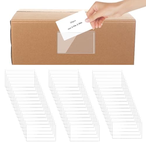 Image of 50 Pack Clear Adhesive Pockets Self Adhesive Index Card Pockets with Top Open Plastic Label Holders for Storage Bins Waterproof Business Card Sleeve Label Pockets for Planners Index Cards(3.93x2.36In)