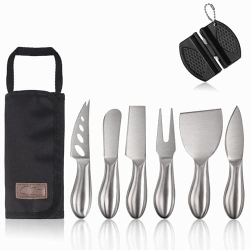Image of Esie Houzie Charcuterie Board Accessories - 6 Piece Cheese Knife Set Stainless Steel Cheese Serving Cutting, Cheese Tools Butter Knife with Storage Bag Included Gift Set