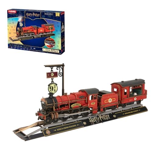 Image of PUREMIND Harry Potter Official Licensed 3D Wooden Puzzle - Hogwarts Express Train Model Kit for Adults with Light, Steam & Sound - Moving Engine Wooden Model for Fans with Platform 9¾ Display
