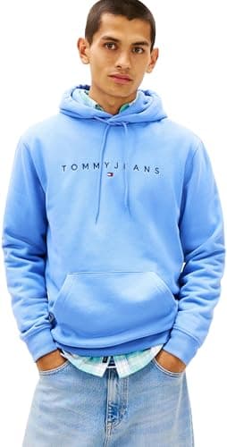 Image of Tommy Jeans Men's TJM REG LINEAR LOGO HOODIE EXT DM0DM20746 Pullover Hoodie, BLUE (Light Horizon Blue), L