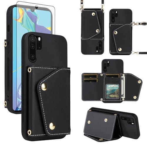 Image of ELISORLI Wallet Case for Huawei P30 Pro with Screen Protector Slim Flip Purse Shoulder Strap, Luxury PU Leather Card Holder Stand Accessories Cell Phone Cover for Hawaii P30Pro P 30 Pro30 Black