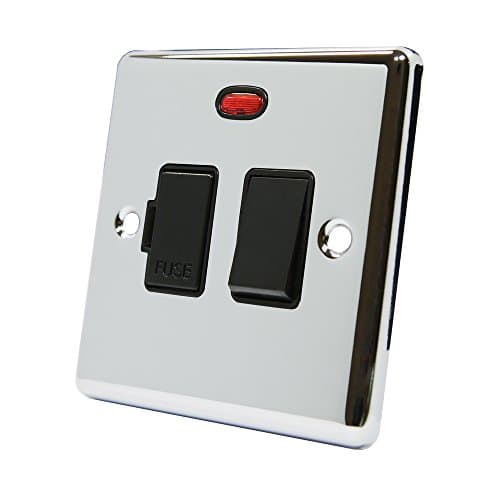 Image of AET CPCSFNBL 13 A Classical Chrome Polished Fused Switched Connection Spur Unit with Neon Indicator and Black Insert Plastic Rocker Switch