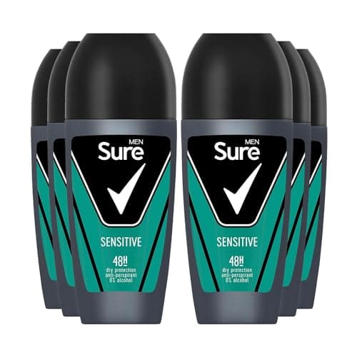 Image of Sure Antiperspirant Roll On Sensitive 48H Sweat and Odour Protection Roll On with Sandalwood, Patchouli and Vanilla Fragrance Deodorant for Men, 50ml Pack of 6