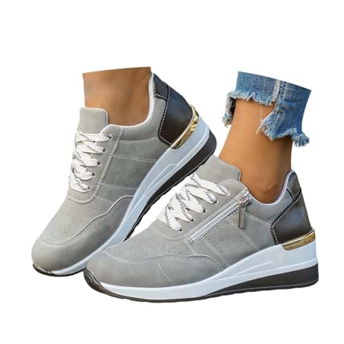 Image of Generisch 2026 Women's Casual Platform Sneakers with Coloured Design and Side Zip, Low Lacing, Comfortable, gray, 8 UK