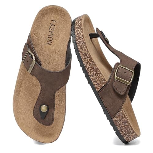 Image of Foinledr Cork Footbed Sandals for Women and Men Flip Flops for Unisex, Summer Beach Slides with Anti-Slip Sole & Arch Support, Adjustable Buckles