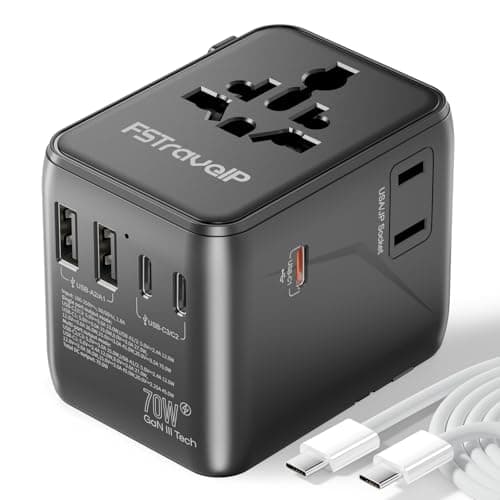 Image of Universal Travel Adapter 70W Fast Charge, Travel Plug Adapter Worldwide with 5 USB Ports (2 USB C), Universal Plug Adaptor UK to World, Dual10A Fuses Travel Adapter Wall Charger for (Type A, C, G, I)