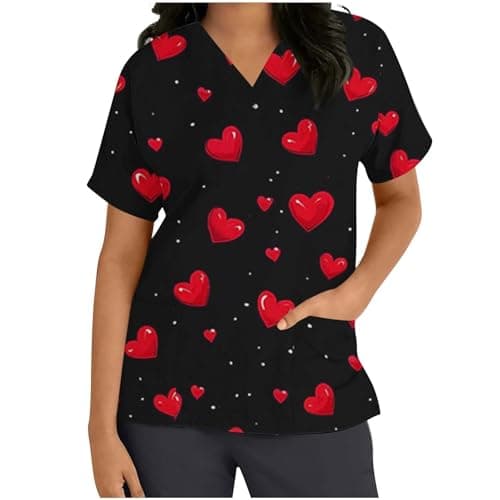 Image of Multicolor Women's Tops Short Sleeve V Neck Fashion Love Heart Print Nurse Work Clothing Casual Valentine's Day Office Shirt 5XL