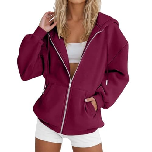 Image of Hoodies For Women Oversized Hoodie Zip Up Sweatshirts Casual Loose Ladies Hoodie Soft Comfortable Oversized Pullover With Pockets Ladies Long Sleeve Fashion Coats (1-Red, S)