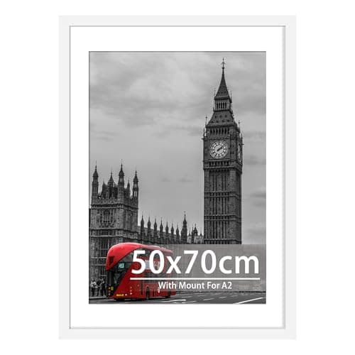 Image of Tinkeps 50x70cm White Frame - Engineered Wood and Plexiglass, Picture Frames 50cm x 70cm with A2 Mount for 50x70cm/A2 Prints, Photos, and Posters, Wall Mountable - Poster Frames 50 x 70cm