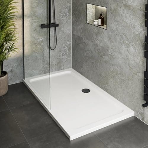 Image of Hydrolux® 1000 x 900 x 45mm White Bathroom Low Profile Shower Tray for Enclosures Cubicles & Wet Room with Black Waste, Rectangular