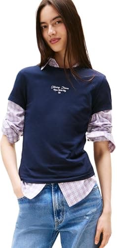 Image of Tommy Jeans Womens Tjw Slim Ess Logo 1 Tee Ext Dw0dw21542 S/S T-Shirt, Blue (Dark Night Navy), S UK