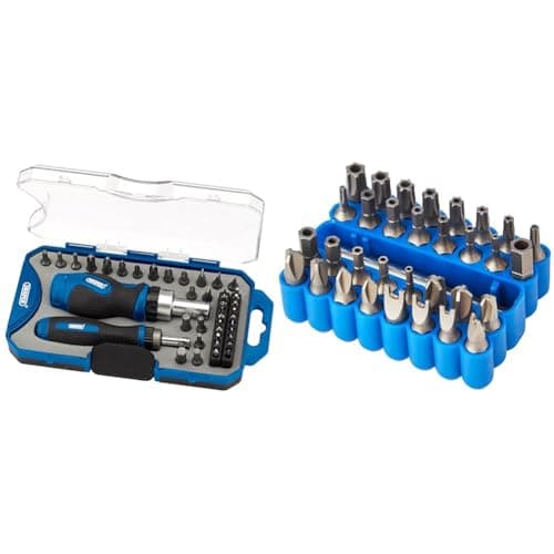 Image of Draper 46479 Ratchet Screwdriver and Bit 42 Piece Set, Blue & 82406 Security Bit Set - Silver (33-Piece), 33 Pieces