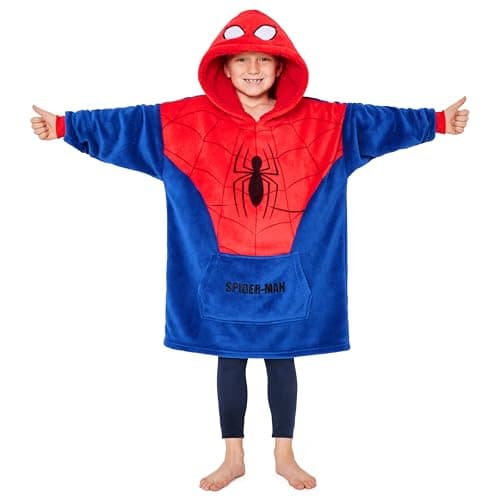 Image of Marvel Spiderman Fleece Blanket Hoodie for Boys and Teenagers - One Size Cosy Hooded Blanket - Spiderman Gifts for Boys Red/Blue