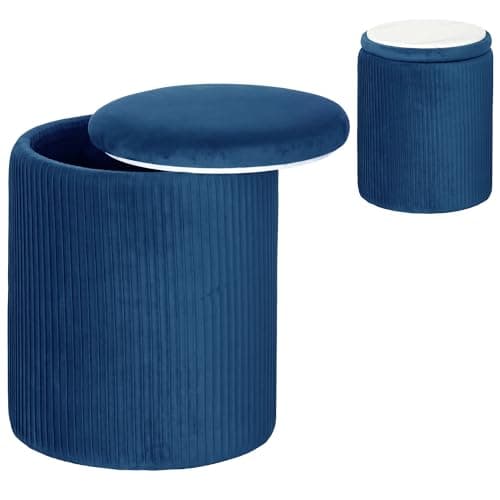 Image of HOMCOM Round Storage Ottoman, Velvet-feel Fabric Upholstered Foot Stool with Removable Top, Padded Seat and Hidden Space for Living Room, Bedroom, Blue