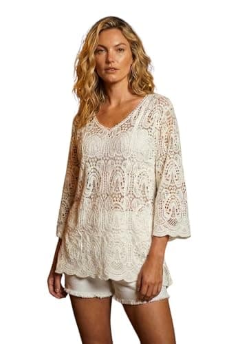 Image of Roman Cotton Crochet Tunic for Women UK Ladies Cotton Lace Top Blouse Crinkle Embroidered Eyelet Broderie Anglaise Spring Summer Beach Holiday Cool Loose Jumper - White - Size 14
