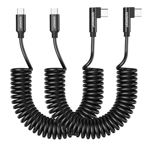 Image of aceyoon 2 Pack Coiled USB C to USB C 240W, Retractable USB C Cable 90 Degree PD Fast Charging Cable Compatible with iPhone 16 15 Series, Galaxy S24 S23 Ultra, extended from 0.3m to 0.8m
