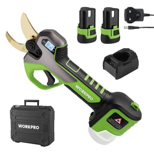 Image of WORKPRO 12V Cordless Electric Pruning Shears, Heavy Duty 2PCS 2.0Ah Li-ion Battery Secateurs with SK5 Blades, Switchable 2 Cutting Ranges, Shears with Max Cutting 25mm and LCD Screen for Gardening