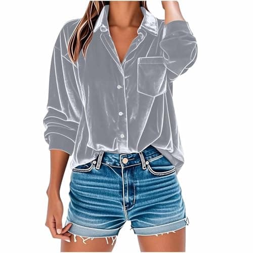 Image of Long Sleeve Tops Women Velvet Blouse V Neck Button Up Shirts Solid Loose Fit Tunic Tops Party Work Casual Oversized Loose Tshirts Ladies Lapel Collar Shirt Elegant Blouse Gray
