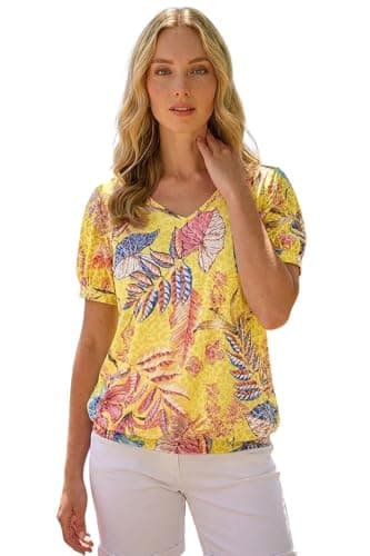 Image of Roman Blouson Top for Women Ladies Bubble Hem Stretchy Jersey Puff Sleeve Summer Smart Casual Office Work Spring Everyday Evening Vacation Work Holiday V Neck - Yellow - Size 20