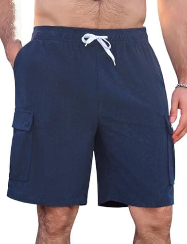 Image of iCKER Mens Shorts Summer Casual Shorts with Pockets Elastic Waist Drawstring Sports Jogging Shorts Corduroy Shorts,Navy BueDXR001,L