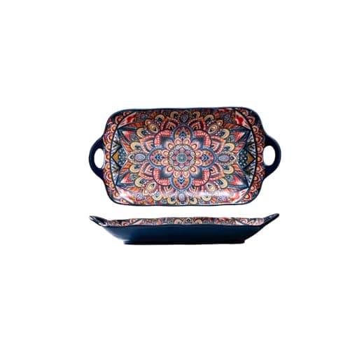 Image of Coolcapis Serving Tray with Handles Rectangular Serving Platter Ceramic Extra Large Plates & Dishes Rectangle (Blue Garden)