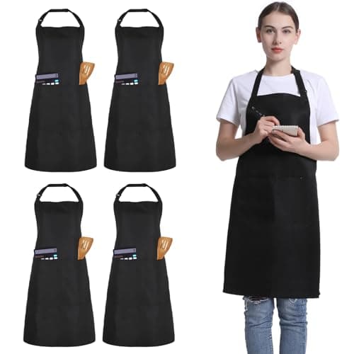 Image of FunChaos 4 Packs Unisex Black Chef Apron, Waterproof Adjustable Aprons with 2 Pockets, Men Women Personalised Apron for Cooking, Kitchen, Gardening, Restaurant, Coffee House