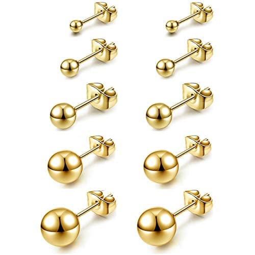 Image of AllerPierce Hypoallergenic Gold Ball Earrings Studs Set Cartilage Earrings Stainless Steel Round Ball Studs Earrings for Women Men 3mm-8mm（10Pcs）