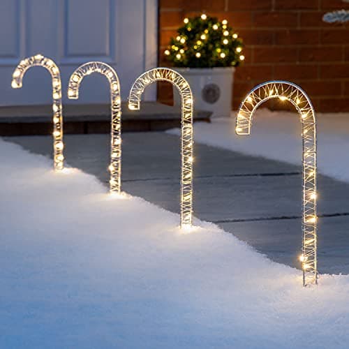 Image of Christow Candy Cane Christmas Lights, Outdoor Path Stake Decorations, Flashing Micro LED, Battery Operated with Timer, 4 x 30cm (Warm White)