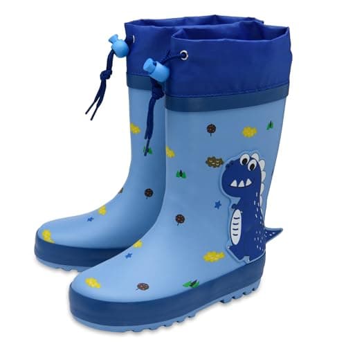 Image of NorthSole Kids Wellies Drawstring Closure Rubber Wellington Boots - Dinosaur Light Blue - UK 8